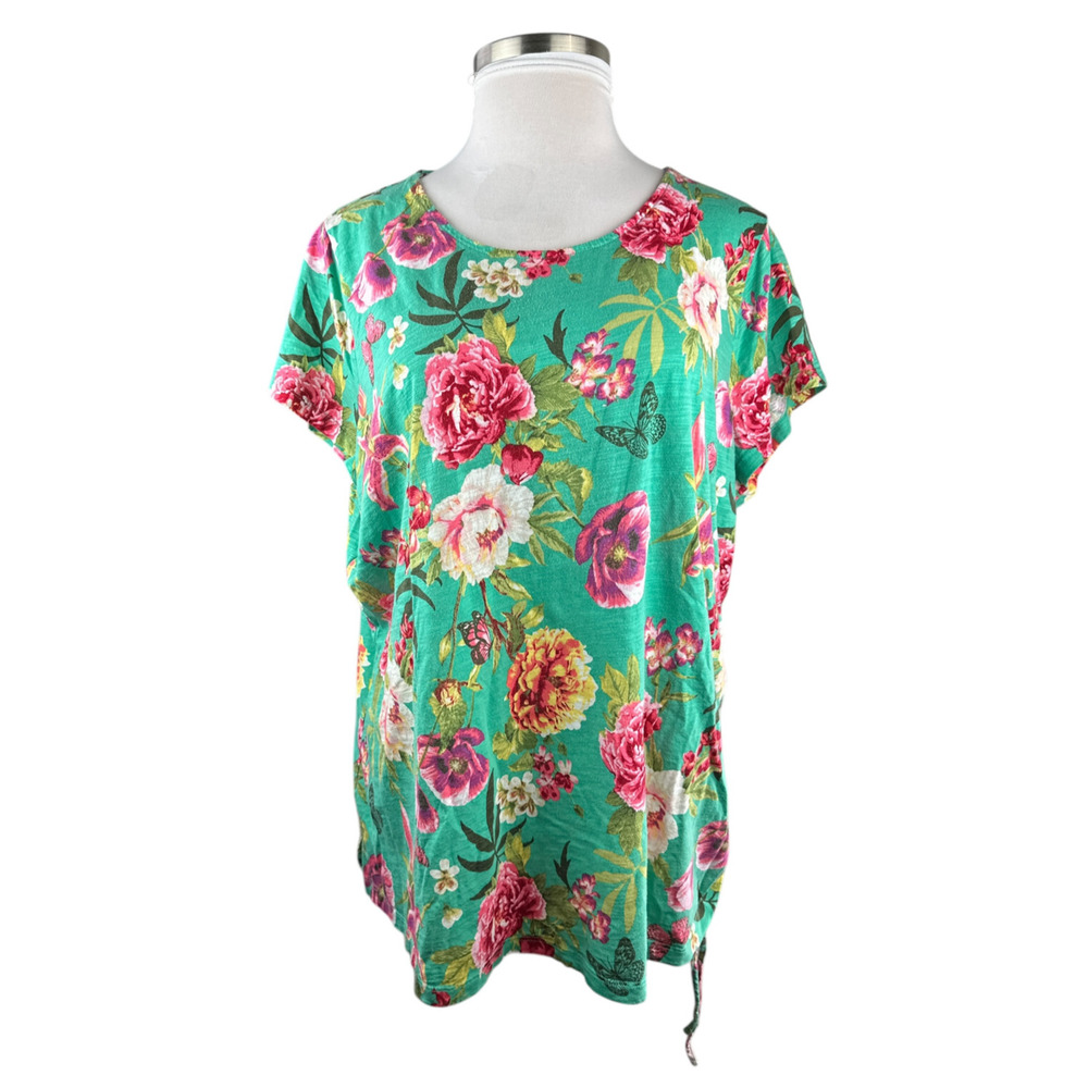 ✨2/$20 Belle Kim Gravel Slub Knit Side Ruched Top Full Bloom Floral Plus Size 4X - Picture 3 of 15